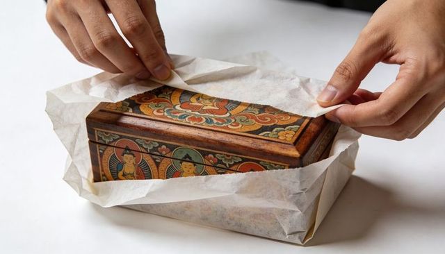 Hands unwrapping ornate tibetan painted wooden box featuring buddhist deity motifs