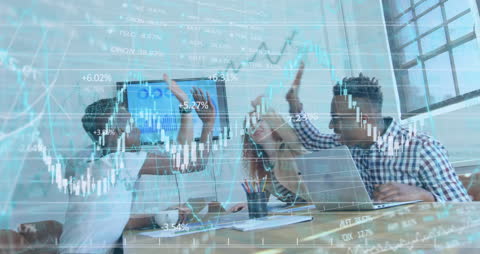 Diverse Group Collaborating with Financial Data Overlay