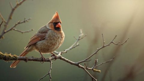 Female Northern Cardinal on Mossy Branch in Woodland Serenity