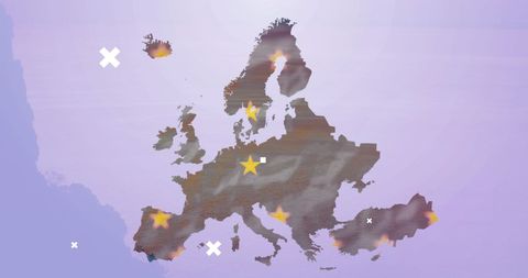 Europe map with abstract overlay of stars and connection symbols