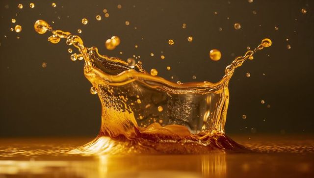 Golden liquid splash creating crown effect on reflective surface