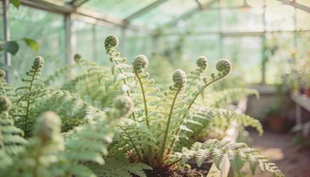 Backlit fern fiddleheads unfurling in glass greenhouse with soft morning sunlight
