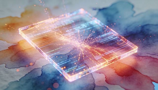 Holographic data panel glowing on watercolor background with network sparks and bokeh