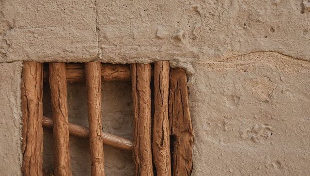 Weathered plaster with exposed wooden laths and diagonal brace rustic adobe texture
