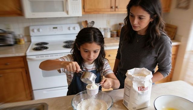 Child measuring and pouring flour, mother guiding in sunlit home kitchen baking together