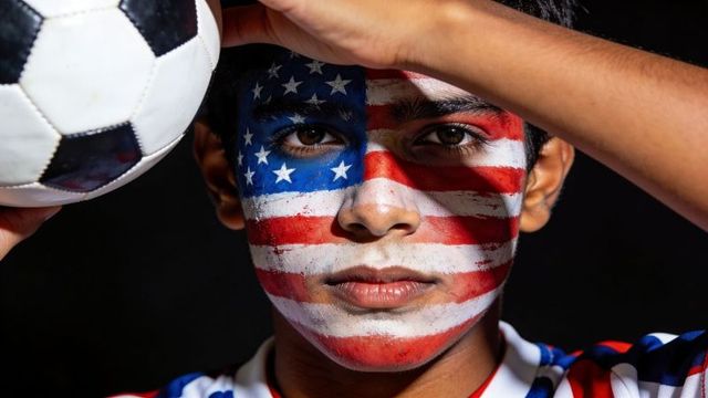 Teen soccer fan wearing american flag face paint holding soccer ball