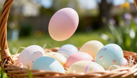 Pastel easter eggs floating above wicker basket in sunlit garden rustic centerpiece