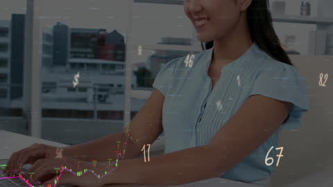 Smiling Woman Analyzing Financial Data on Laptop
