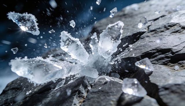 Exploding ice shards ejecting from alpine rock crevice with frosted crystal fragments