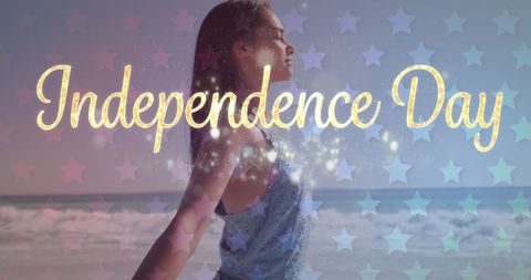 Young Woman Celebrating Independence Day at the Beach