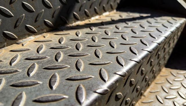 Glinting steel diamond plate stair tread featuring anti-slip pattern and rivets