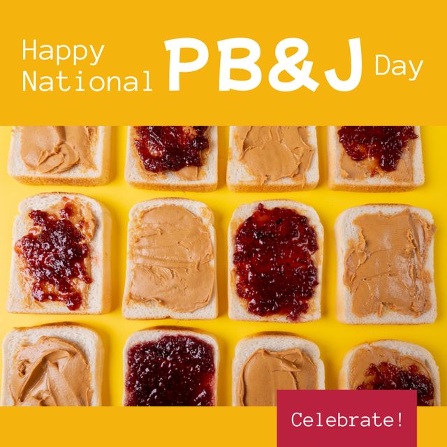 Ideal for promoting food holidays, particularly National Peanut Butter and Jelly Day. Suitable for social media posts, blog articles, recipe ideas, and event invitations. Can also be used in marketing materials for cafes, bakeries, or other food-related businesses.