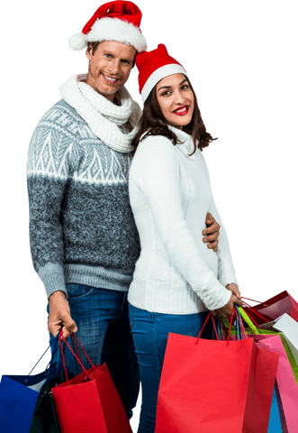 Festive Couple Holding Shopping Bags with Joyful Expressions Transparent Background