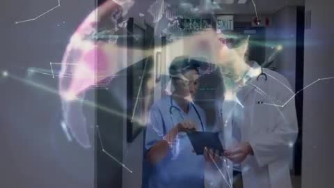 Healthcare professionals engaged in discussing patient data on a digital tablet, with a conceptual holographic globe representing global connectivity and advanced technology overlay. Ideal for illustrating themes of advanced medical technology, digital transformation in healthcare, and global medical collaborations.