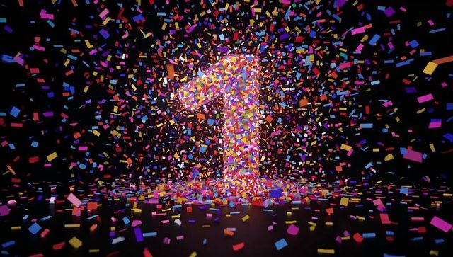 Colorful confetti forming 3d number 1 on glossy dark background for celebration
