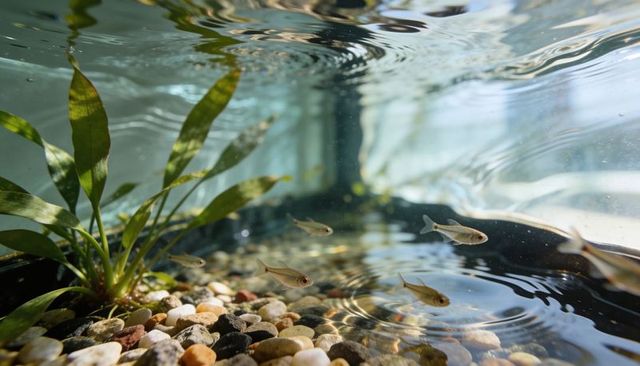 Silvery tetras schooling over pebbled freshwater tank with live plant and water reflections