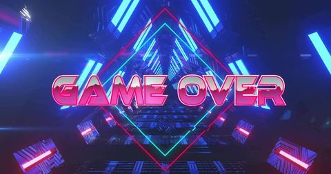 Futuristic neon 'game over' tunnel with glowing cube solutions
