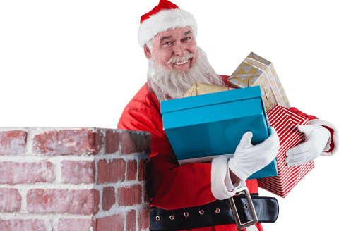 Smiling Santa Claus Carrying Gifts Near Brick Chimney