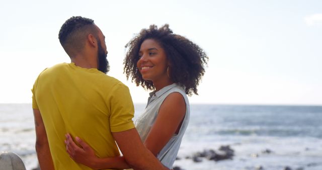 Romantic diverse couple embracing and talking on sunny promenade, copy space - Download Free Stock Photos Pikwizard.com