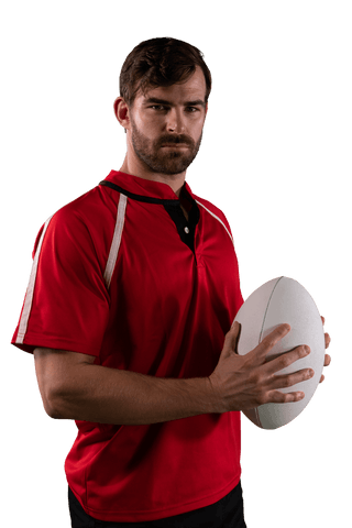 Confident rugby player holding ball with transparent background