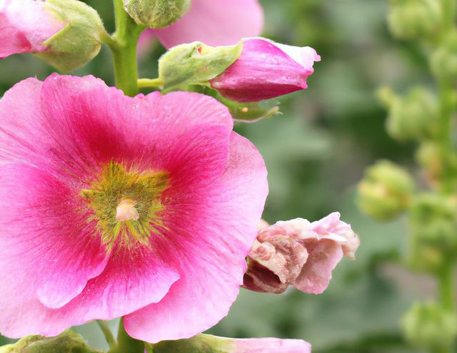 Close up of pink hollyhock flowers over blurred background created using generative ai technology - Download Free Stock Photos Pikwizard.com