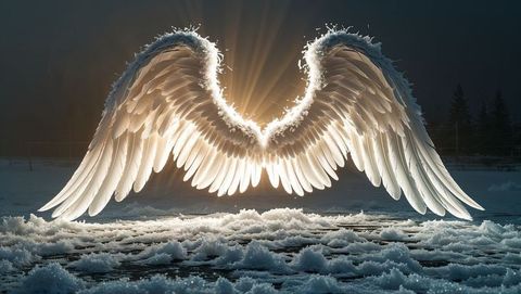 Majestic glowing feathery angel wings amidst snowy winter landscape