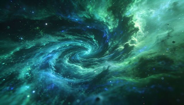 Emerald Spiral Nebula Swirling Into Vortex with Glowing Filaments and Stellar Dust Cloud