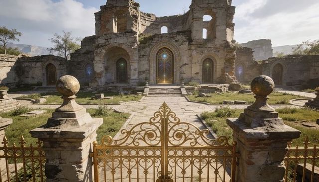 Sunlit golden gate framing weathered ruined courtyard with glowing runes and arched portal