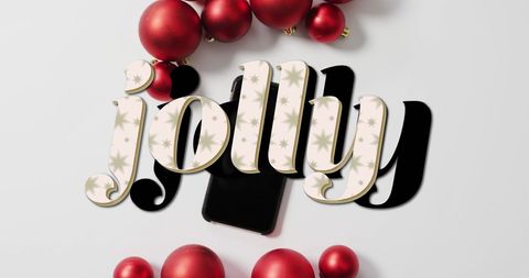 Festive 'Jolly' Text with Red Baubles on White Background