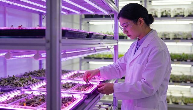 Female researcher inspecting microgreens under purple led racks in vertical farming lab