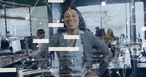 Confident Businesswoman in Modern Workspace with Digital Connections