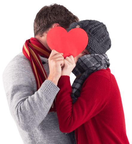 Couple Kissing Behind Red Heart Cutout Transparent Background