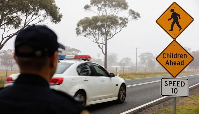 Police officer monitoring rural road, patrol car passing, children ahead sign