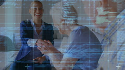 Smiling Businesswoman in Data-Driven Consultation Overlay