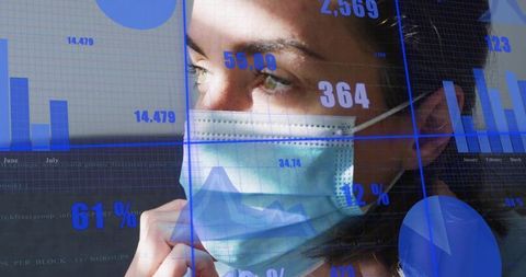 Woman wearing surgical mask adjusting while data charts and analytics overlay insights