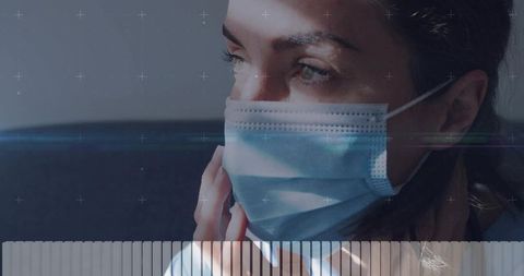 Young woman adjusting disposable mask while gazing thoughtfully with lens flare overlays