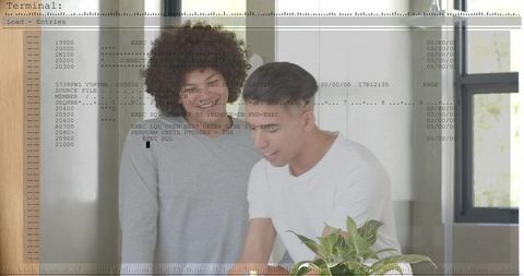 Young developers reviewing sql code in sunlit home office with terminal overlay