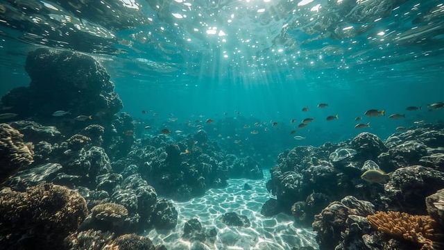 Tropical Fish School Swimming Over Sunlit Coral Reef