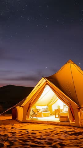 Glamping Tent Glowing on Desert Dunes under Starry Night Sky Vertical Video