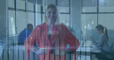 Smiling Businesswoman with Digital Data Overlay in Office