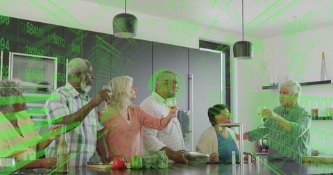 Seniors and friends toasting in modern kitchen with green augmented reality overlay