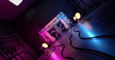 Futuristic Industrial Corridor With Security Door and Neon Lights