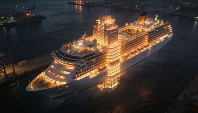 Nighttime luxury cruise liner glowing with golden lights alongside industrial harbor pier