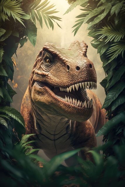 Dinosaur with sharp teeth standing amidst dense green plants and foliage. Perfect for educational content, natural history themes, children's books, or creating wildlife presentations.