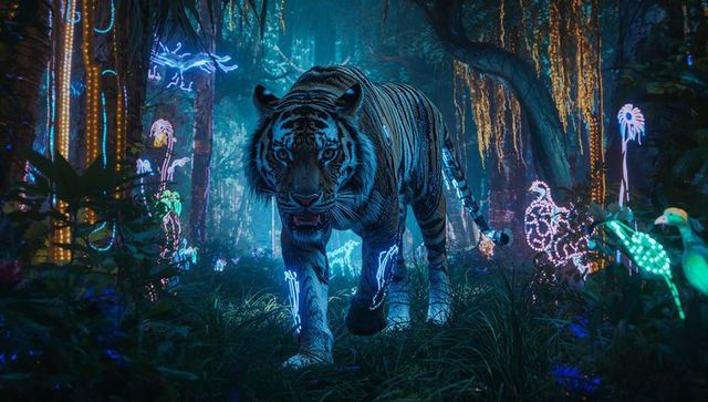 Majestic Tiger Roaming Luminous Jungle at Night