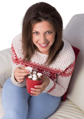 Joyful woman with hot chocolate and marshmallows transparent background