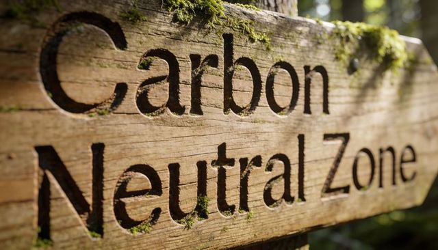 Weathered wooden carbon neutral zone sign in mossy forest promoting sustainability