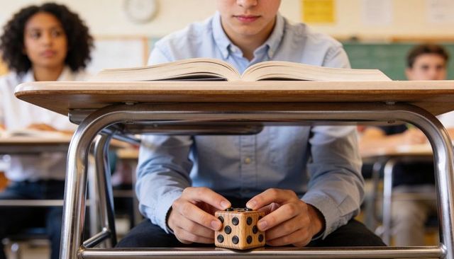 Male student reading at desk holding wooden fidget cube during classroom lesson focus