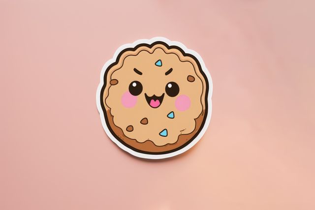 Composition of kawaii cartoon cookie sticker on pink background. Stickers and pattern concept digitally generated image.