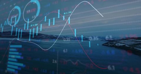 Candlestick Chart Overlay on Fjord at Dusk